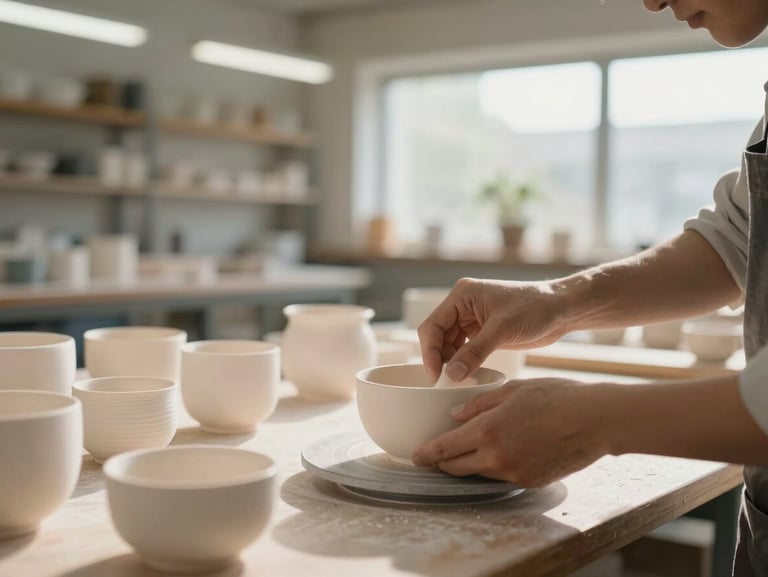 Close-up of hands organizing high-quality ceramic goods in a bright, modern artisan workshop, warm morning light, professional environment.