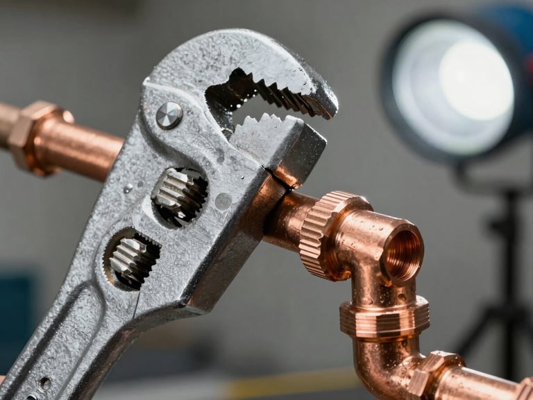 Close-up of professional plumbing tools, a heavy steel pipe wrench gripping a clean copper pipe fitting, bright work light, sharp focus.