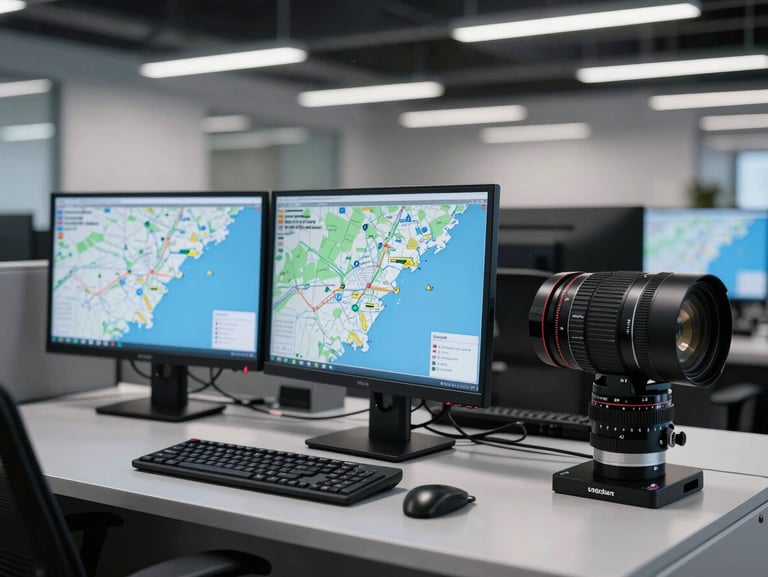 A professional office environment in Hooksett NH with dispatch screens displaying real-time telemetry maps of New England, clean industrial design, 35mm lens.