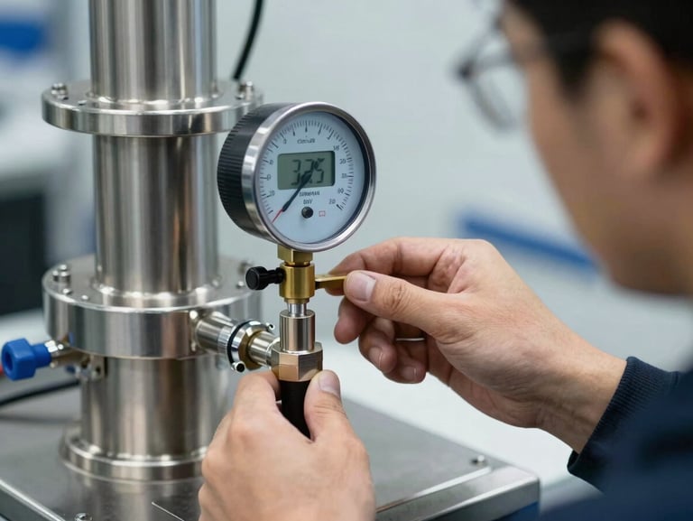 Close-up of a certified technician calibrating a digital flow meter on a stainless steel manifold, sharp industrial lighting, cool metallic tones, 35mm lens.