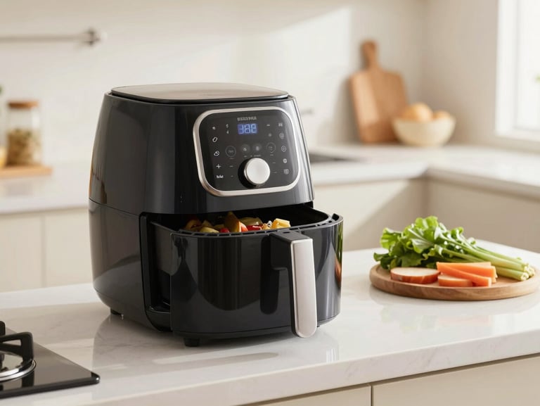 Modern compact air fryer sitting on a clean kitchen counter next to fresh ingredients, soft morning light