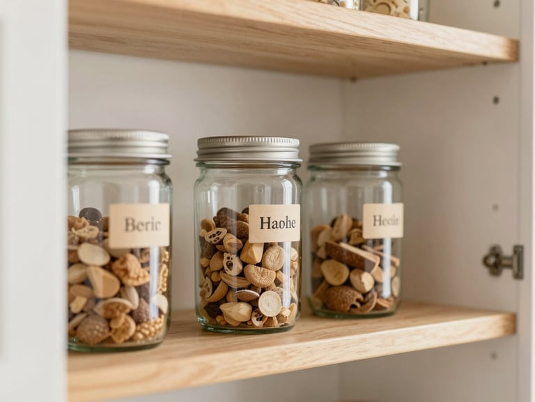 Organized kitchen pantry with labeled glass jars on wooden shelves, soft daylight, warm tones