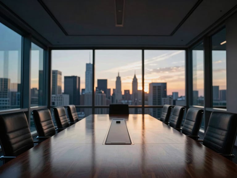 A prestigious corporate conference room overlooking the city, deep navy shadows, soft gold sunset light hitting the polished mahogany table, sharp focus, 35mm