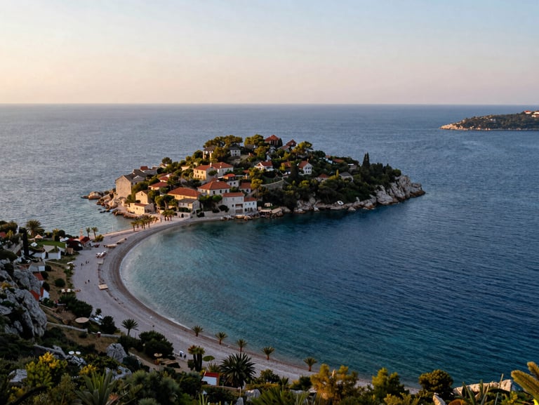 Sweeping panoramic view of an isolated Croatian bay, pristine shoreline, deep blue water, soft golden hour light, high angle.