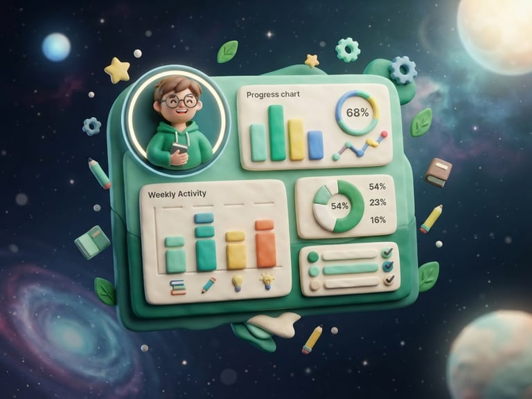 3D claymorphic digital dashboard mockup floating in space, showing colorful progress charts and a happy student avatar, soft diffused studio lighting, emerald green and mint tones, clean stylized render, 3D claymorphism style