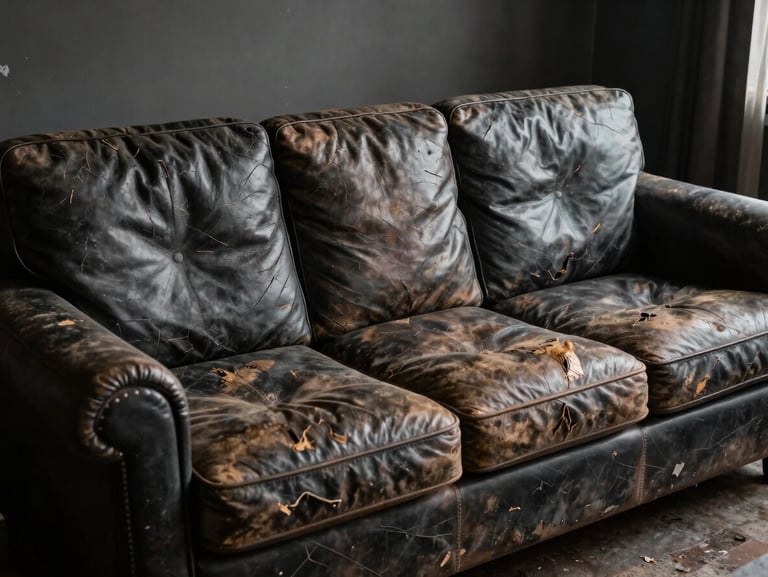 A worn-out classic European sofa with cracked dark leather and sagging cushions, positioned in a moody, dimly lit room, side light highlighting the aged texture of the leather.