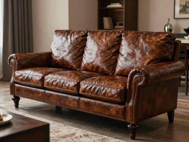 A beautifully restored classic European sofa in rich deep brown Italian leather, flawless hand-stitched seams, plump cushions, set in a luxurious modern Semarang residential living room with warm dramatic side lighting.