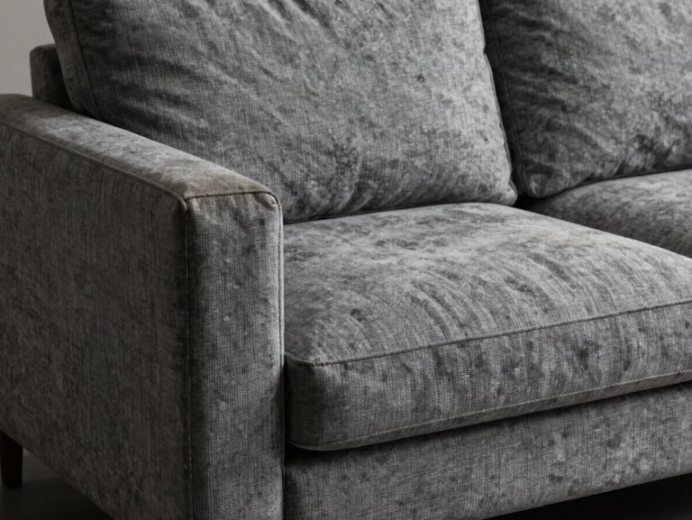 A faded grey fabric minimalist modern sofa with worn armrests and sagging seat, low-key lighting showing the worn texture of the textile.