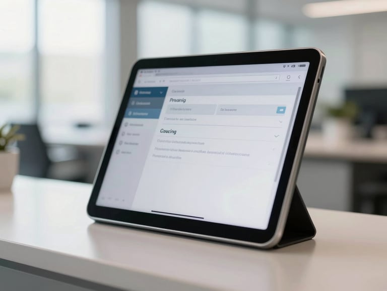 Tight macro shot of a tablet kiosk displaying a clean check-in screen, placed on a minimalist reception desk, bright morning office light, shallow depth of field.