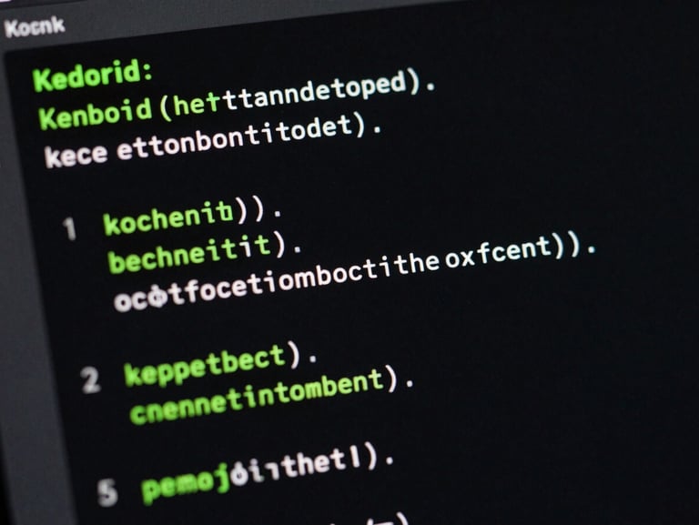 Macro shot of a high-resolution Android screen displaying a clean Kotlin IDE codeblock with syntax highlighting, soft green backlight, deep shadows.
