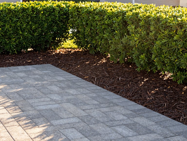 After: Pristine backyard featuring a newly installed gray paver patio, fresh dark mulch beds, and neatly trimmed hedges under warm afternoon sunlight, 35mm