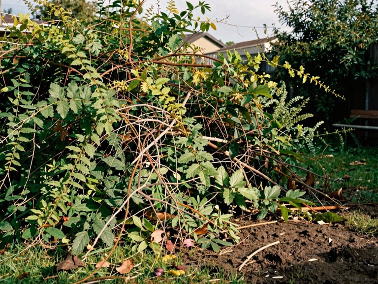 Before: Overgrown backyard with wild briars, weeds, and fallen branches cluttering a muddy lawn, flat overcast lighting, 35mm