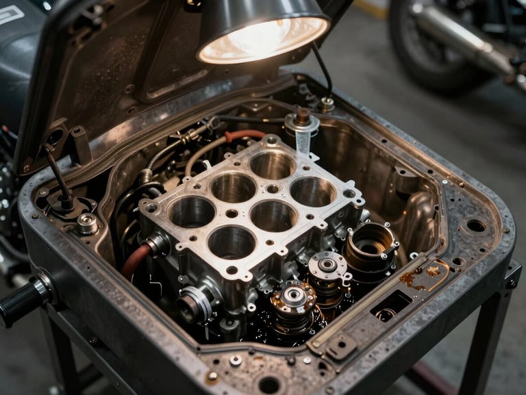 Close overhead shot of a naked street motorcycle engine bay open on a workshop stand, tungsten shop light from above, wrench resting beside the cylinder head, oil residue and real use visible on the casing