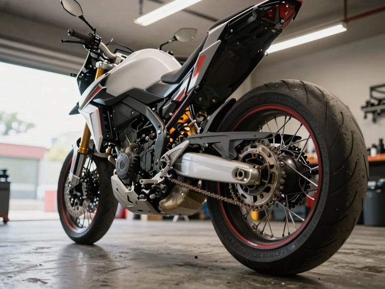 Wide close-up of a dual-sport motorcycle on a floor stand in a workshop, front wheel removed and leaning against the frame, tungsten ceiling light, concrete floor with tool marks, natural daylight from a side window