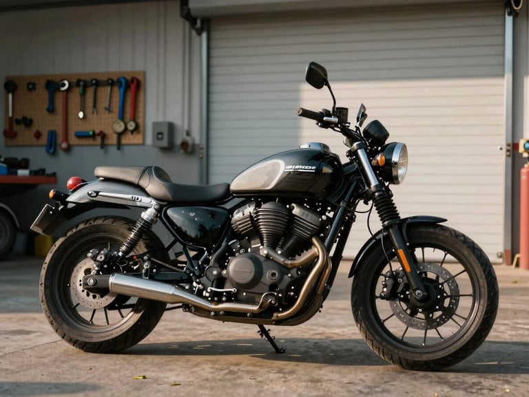 Finished motorcycle parked near a workshop roll-up door, natural afternoon light from outside, tools hung on pegboard visible in background, bike facing left, concrete floor, no people