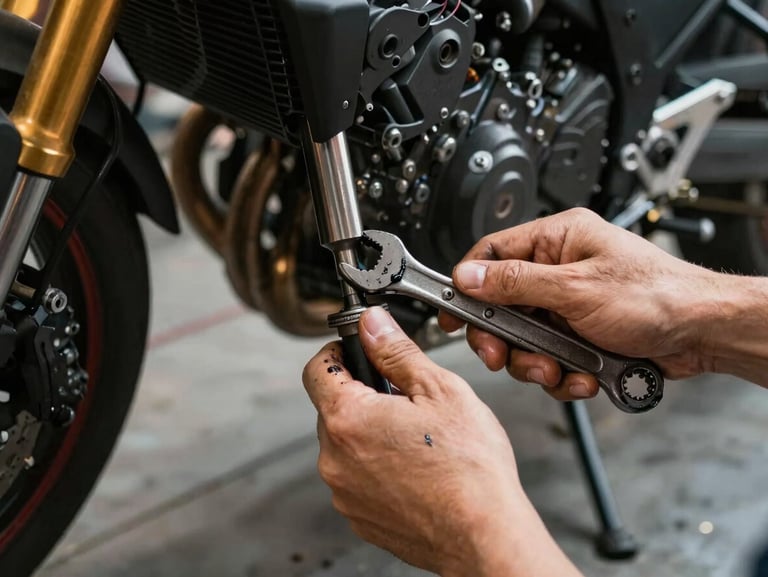 Hands of a mechanic torquing bolts on a motorcycle rear axle, close-up from above, warm tungsten light, socket wrench in grip, grease on knuckles, workshop floor visible below