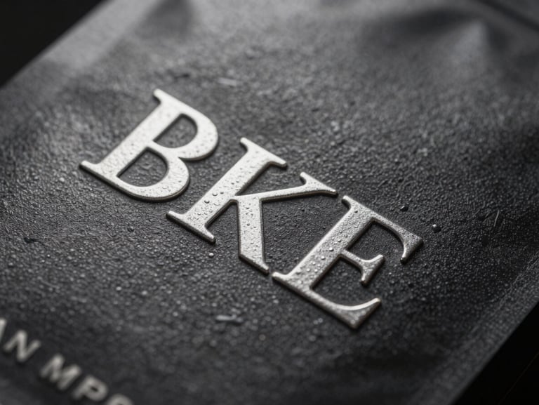 Extreme close-up of premium textured packaging with silver embossed lettering, dark dramatic shadows, landscape aspect