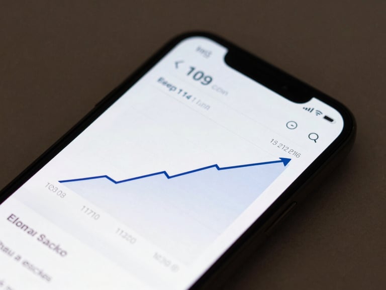 Close-up of a sleek black smartphone displaying a clean financial UI dashboard with a sharp upward growth curve, single-source light