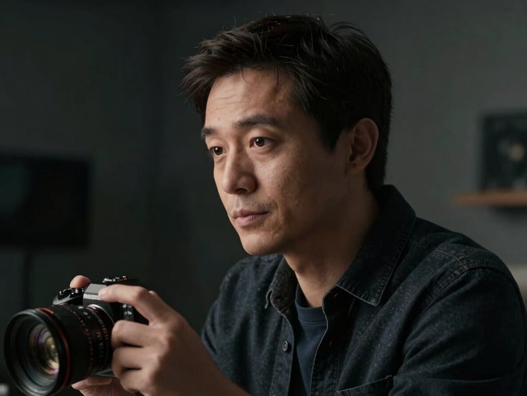 Cinematic close-up of a creative director in a dark, focused studio environment, single-source hard lighting, deep shadows, premium aesthetic.
