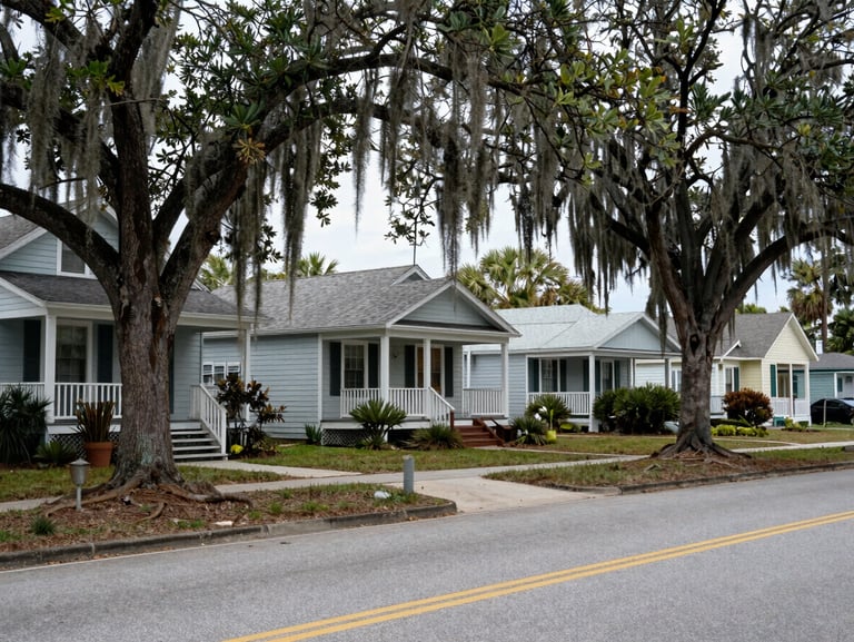 Wide environmental shot of a coastal NC street near Wilmington, modest homes with front porches visible, oak trees draped with Spanish moss, overcast natural daylight, no people, honest documentary framing