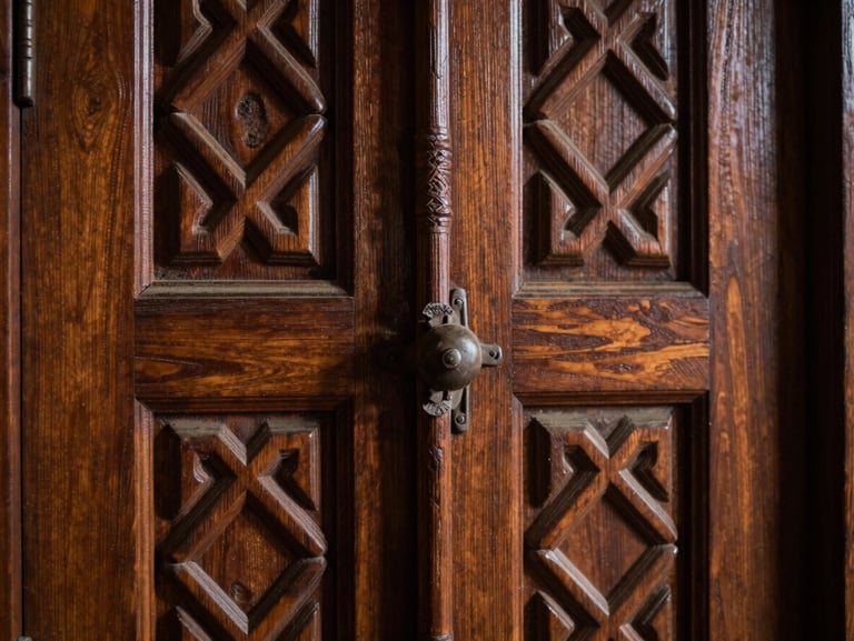 A thick solid timber door deeply carved with geometric Saharanpur motifs, macro detail of the raw wood texture