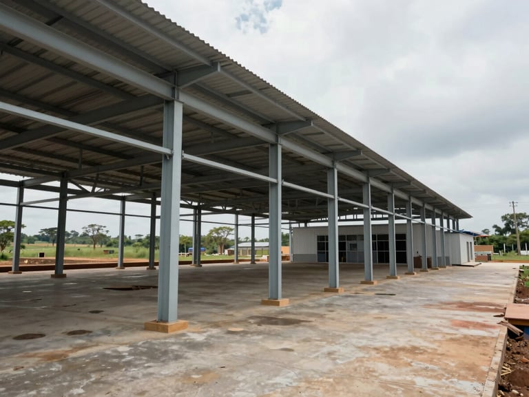 Wide environmental shot of a completed industrial facility in Nigeria — large-span steel roof structure in the foreground, concrete apron extending to the right, overcast natural daylight illuminating the structural members; shot from ground level showing scale and material finish; no people, no staging