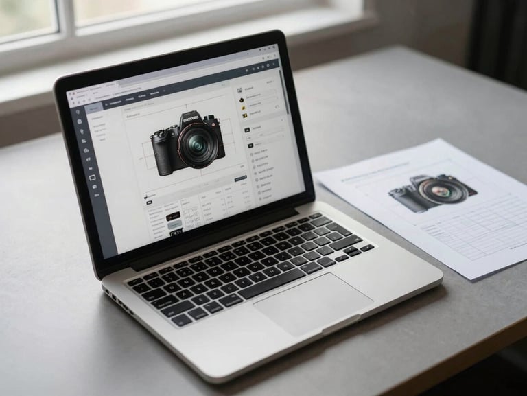 Product interface displayed on a laptop screen, wireframe annotations visible on a printed sheet beside it, overhead shot on a minimal desk under diffused window light