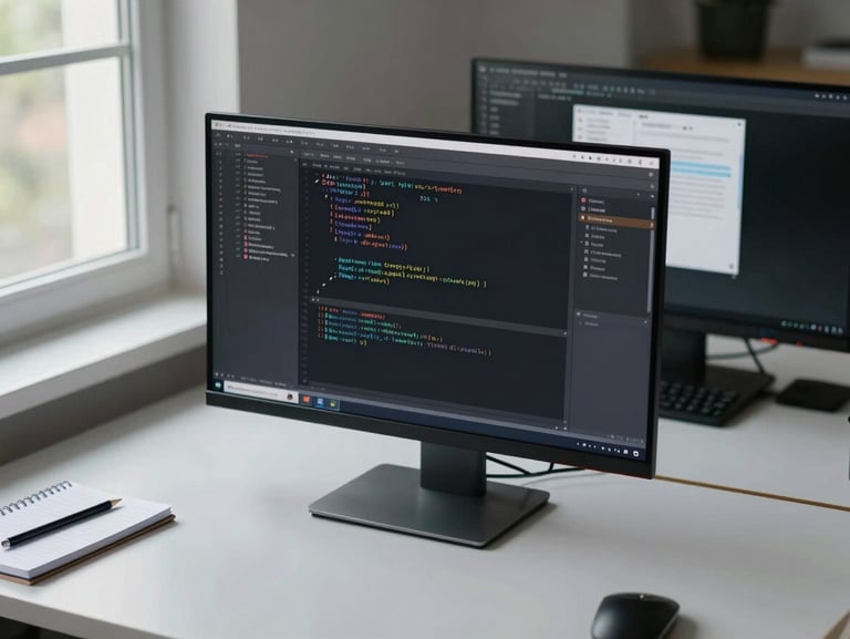 Wide shot of a developer workspace from a slightly elevated angle: a monitor displaying a code editor with neatly structured TypeScript code, a second screen showing a design system component sheet, both lit by diffused daylight from a window to the left, minimal desk with only a notebook and pencil visible