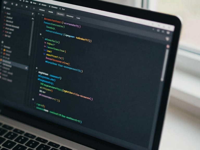 Close-up overhead of a code editor screen showing structured component architecture, clean indentation visible under cool daylight from a nearby window, keyboard partially in frame