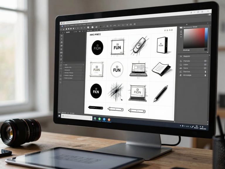 Figma canvas mid-sketch on a monitor, multiple artboards visible showing brand identity iterations, stylus resting on tablet beside the screen, studio window light from the left