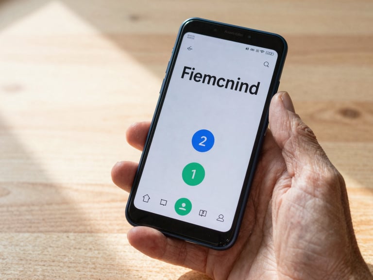 Macro close-up of an elderly hand holding a high-contrast Android smartphone, displaying a high-fidelity UI wireframe with oversized tap targets and ultra-legible typography. Bright, natural morning daylight casts soft shadows across a clean wooden table surface.