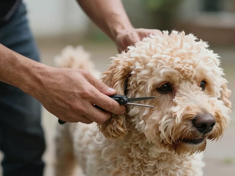 Close-up of a groomer's hands carefully scissoring the coat of a clean, relaxed cockapoo, soft natural daylight, shallow depth of field.