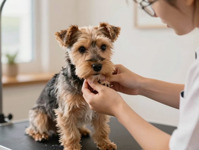 A professional dog groomer's hands gently holding a small, clean terrier's paw, soft focus, warm natural daylight, clean cozy interior