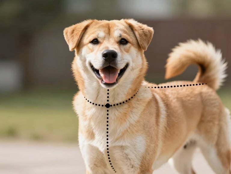 Clear educational diagram showing a happy dog with dotted lines indicating where to measure the neck, chest, and body length, warm and clean style
