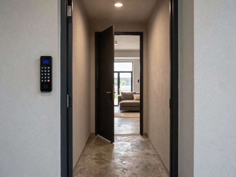 Straight-on framing of a property entrance corridor with keypad access panel, controlled interior lighting, polished concrete floor, neutral-toned walls and a partially open door revealing a furnished operational space beyond
