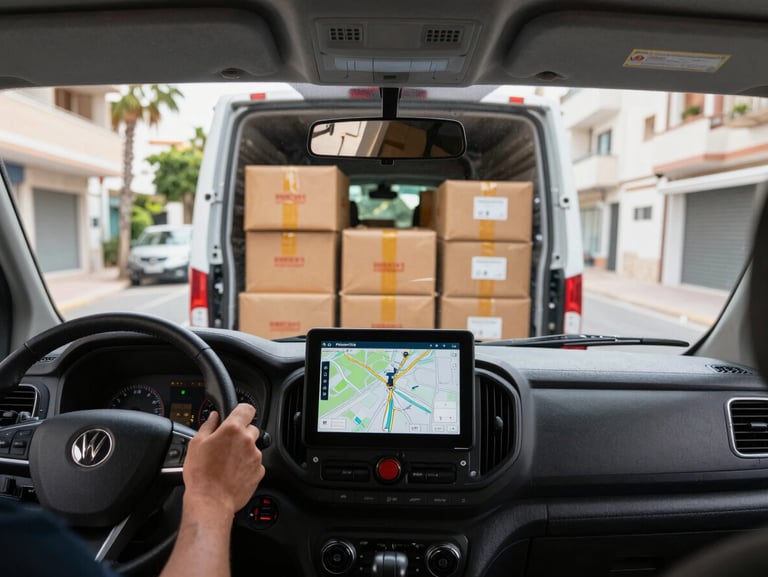 Driver-perspective shot through a van windscreen on a Costa del Sol urban delivery route, dashboard-mounted tablet displaying a route map, parcels stacked and secured in the load area visible in the mirror, morning light, practical working environment
