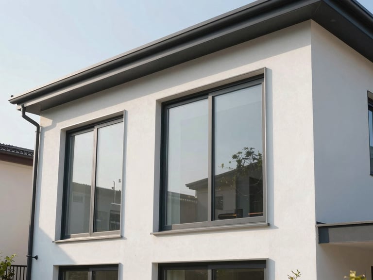 A modern residential exterior, clean white stucco paired with dark metal trim, bright morning sun reflecting off large floor-to-ceiling windows, architectural photography