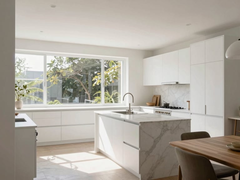 Deep perspective shot of a minimalist kitchen and dining area, natural daylight pouring through large windows, white oak cabinetry, marble countertops, 35mm
