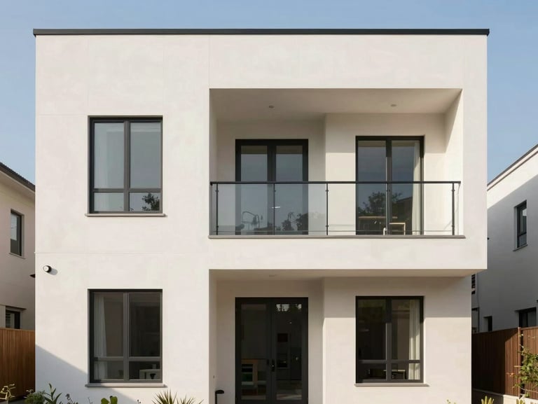 Straight-on architectural facade of a modern residential home, clean lines, premium siding materials, warm afternoon daylight, 35mm