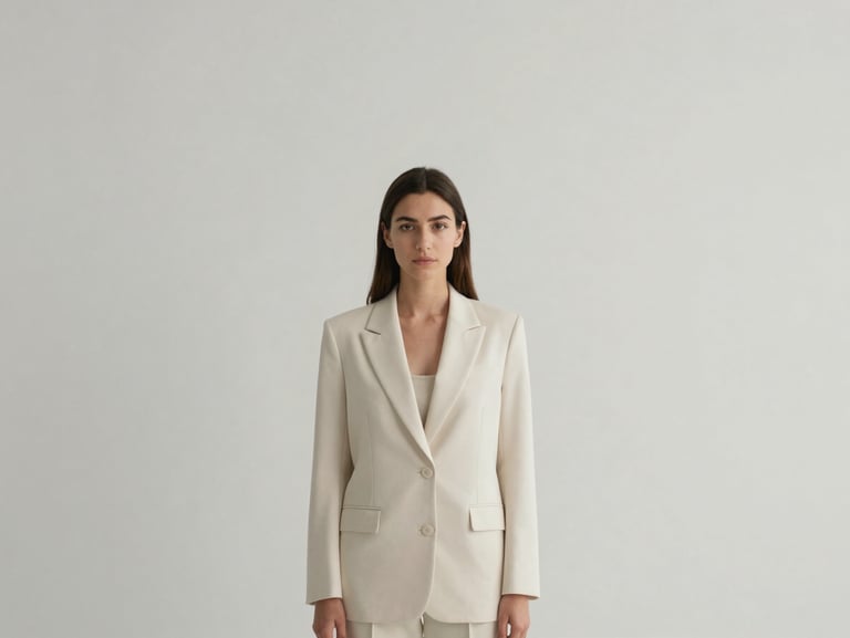 Minimalist editorial portrait of a female market researcher in a clean studio, soft overcast daylight, muted slate and cream tones.