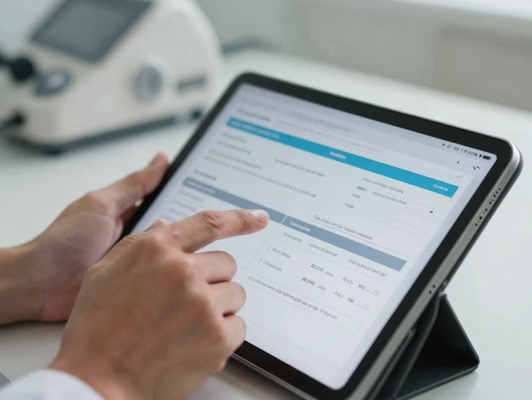 A close-up of a clinician's hands in Sokoto using a modern tablet interface displaying sterile clinical charts, bright natural lighting, medical equipment subtly visible in background