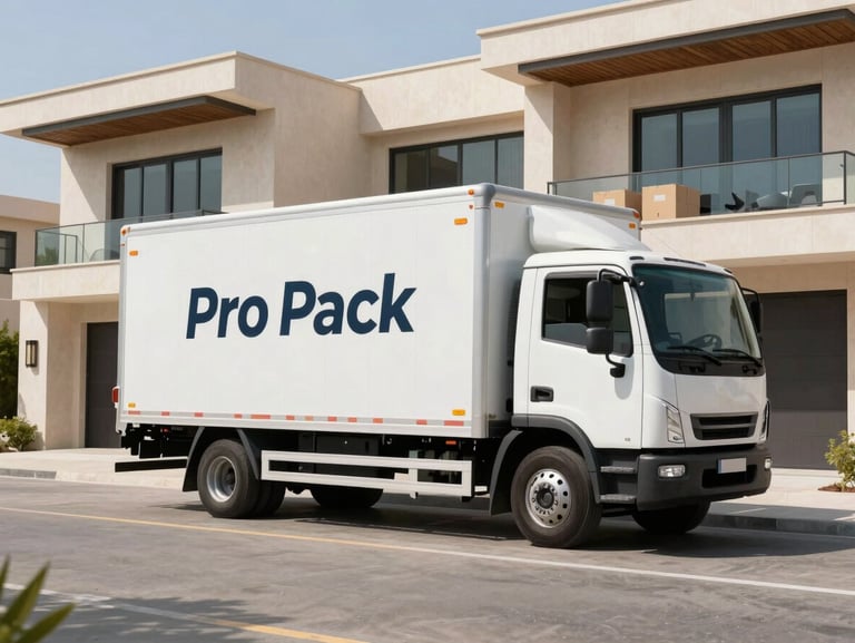 A wide angle shot of a clean, branded Pro Pack moving truck parked outside a modern luxury villa in Abu Dhabi, bright sunlight, uniform boxes visible inside