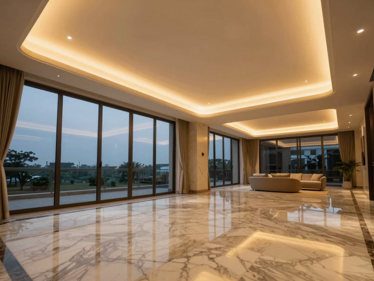 Ultra-luxury residential penthouse interior in Jubilee Hills, double-height ceilings, Italian marble floors, glowing golden cove lighting, twilight view