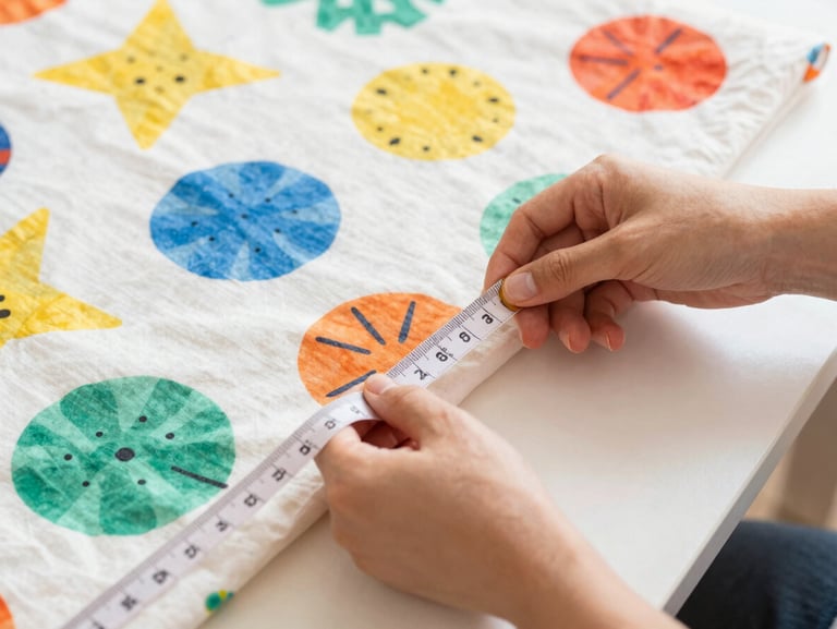 Primer plano de manos artesanas midiendo una tela de algodón con patrones coloridos usando una cinta métrica en un taller luminoso