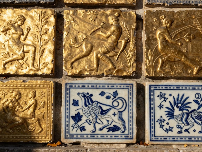Plan serré et graphique sur les mosaïques dorées et les détails de faïence des grands thermes de La Bourboule, éclairés par une lumière rasante d'automne.