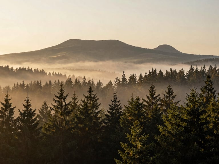 Plan large de la brume matinale s'élevant au-dessus de la forêt de sapins du Massif du Sancy à l'heure dorée, avec les crêtes volcaniques en arrière-plan.