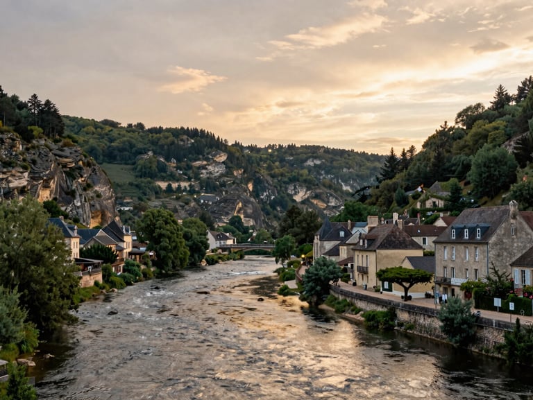 Wide panoramic view of the Dordogne river flowing through the town of La Bourboule, Belle Époque villas lined along the banks, surrounded by dense green pine forests of the Sancy mountains under a soft golden sunset sky.