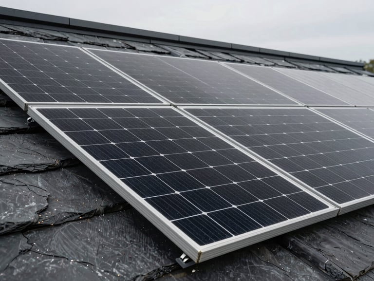 Close-up detail of a flawless, all-black monocrystalline solar array integrated seamlessly into a modern slate roof, clean lines, no visible wiring or silver frames, soft overcast lighting.