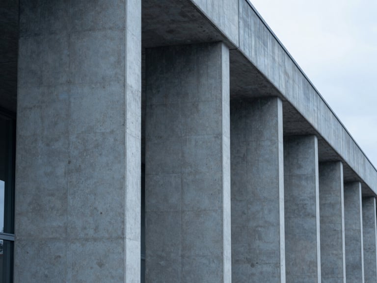 Close-up of architectural concrete pillars of a modern logistics hub in Germany, cool overcast daylight, desaturated blue tones