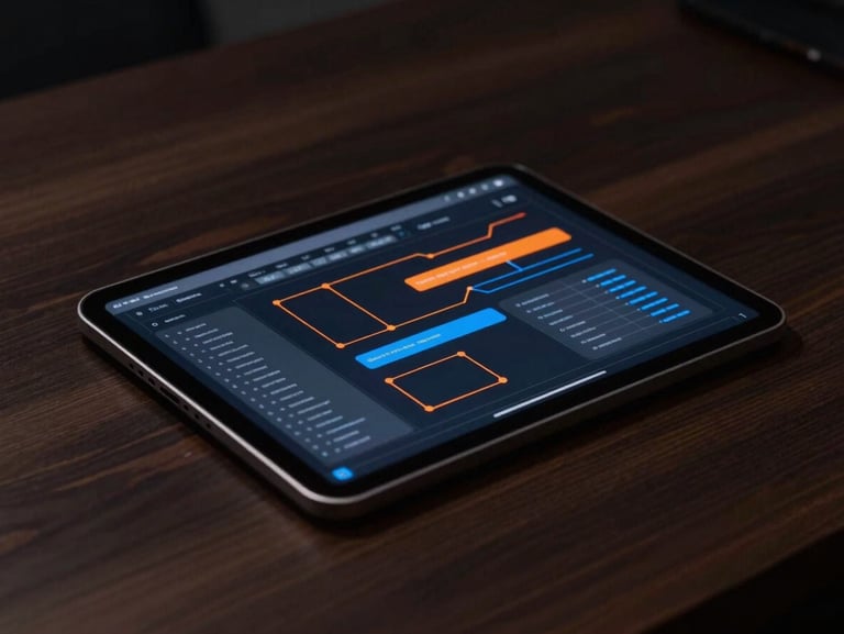 Sleek tablet screen on a clean dark wooden desk showing a node-based workflow diagram with orange and blue connection lines, low-key moody lighting, 35mm photography